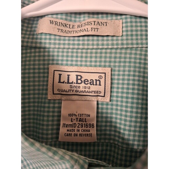 LL Bean Dress Shirt Mens L Tall Green Check Traditional Fit Wrinke Resistant - Picture 3 of 6